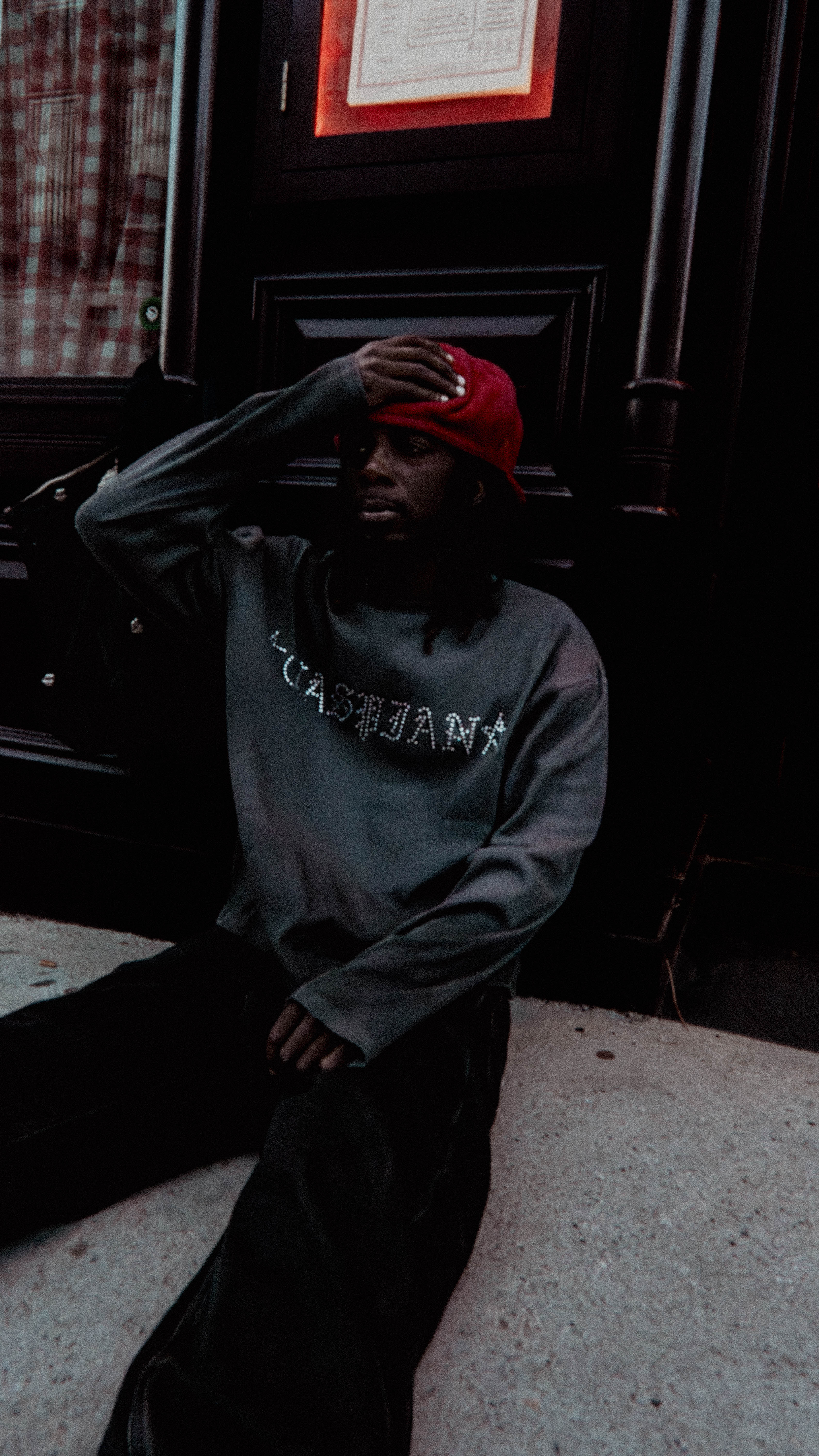 Model wearing THERMAL cropped sweatshirt on NYC street